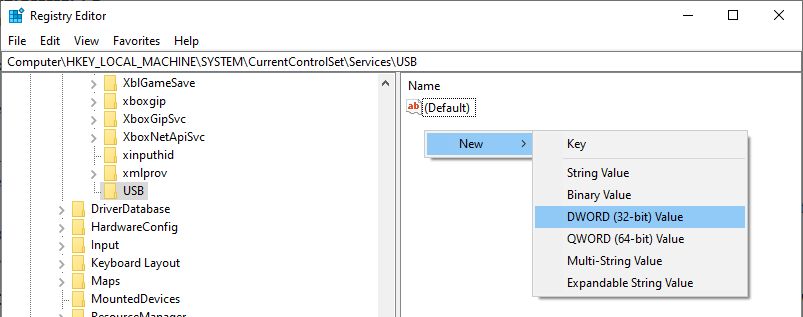 Add USB value to registry