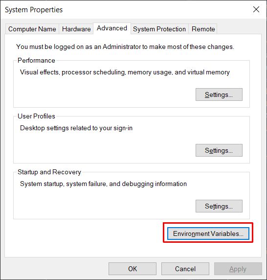Environment variables in Advanced System Settings